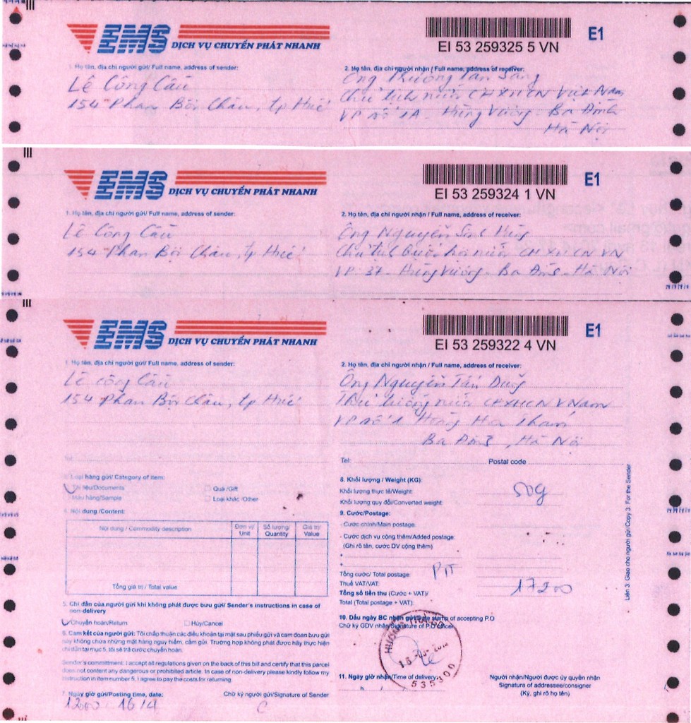 Ba thư gửi lãnh đạo Hà Nội bằng đường bưu điện bảo đảm có hồi báo hôm 16.4.2014