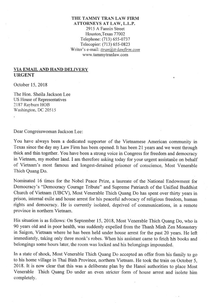 Letter to US Congresswoman Sheila Jackson Lee from the Tammy Tran Law Firm requesting urgent support for UBCV Patriarch Thich Quang Do 1