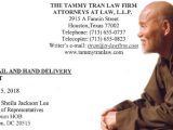 Letter to US Congresswoman Sheila Jackson Lee from the Tammy Tran Law Firm requesting urgent support for UBCV Patriarch Thich Quang Do